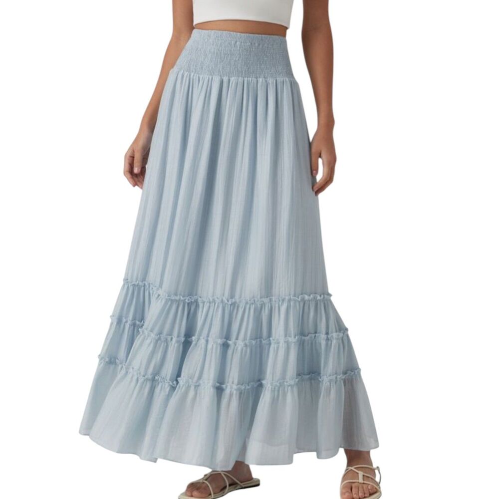 Halara High Waist Tiered Maxi Skirt Smocked Waist Ruffle Illusion Blue XS